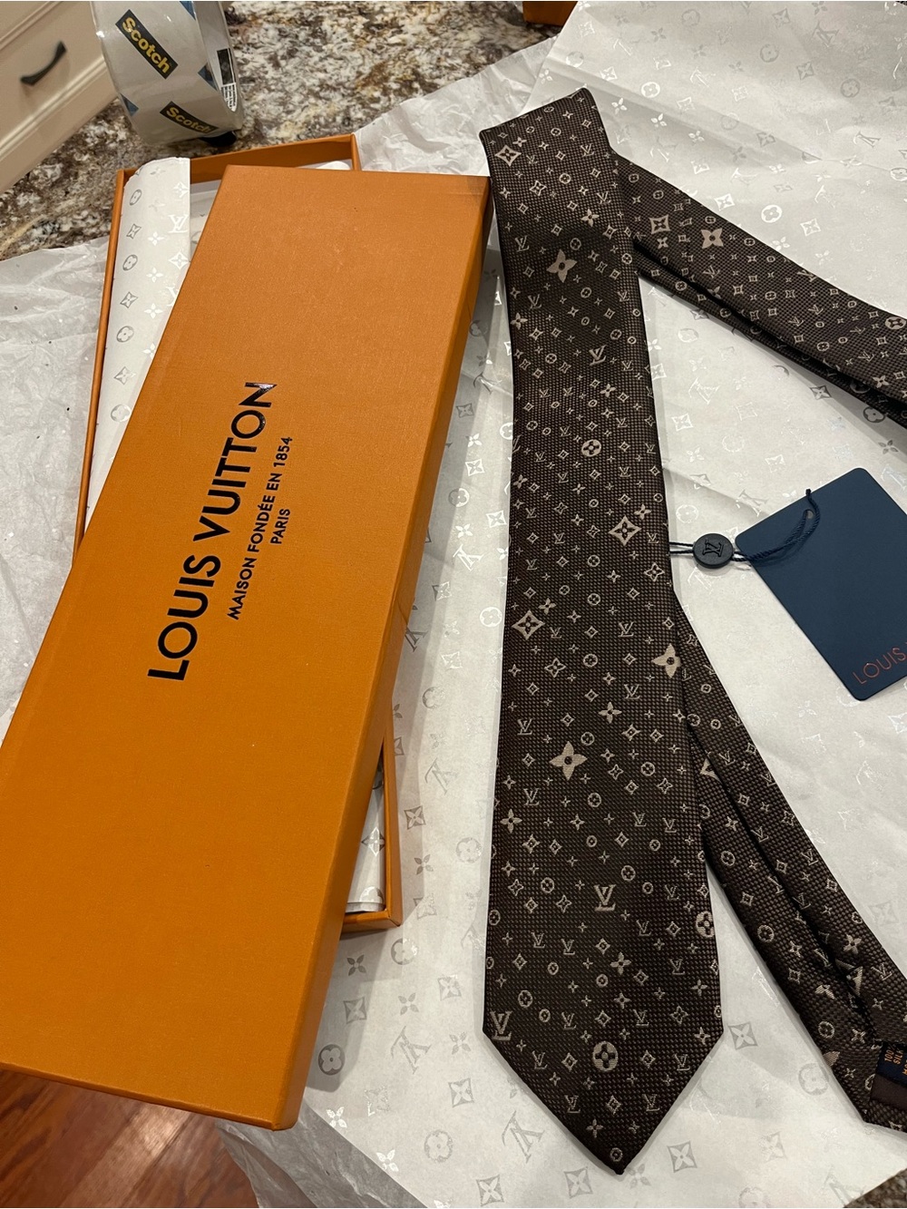 Louis Vuitton Brown Monogram Silk Tie with Beige Motif